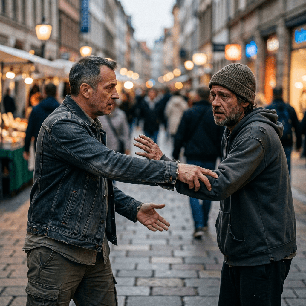 Two men in conversation on a cobblestone city street with blurred crowd background