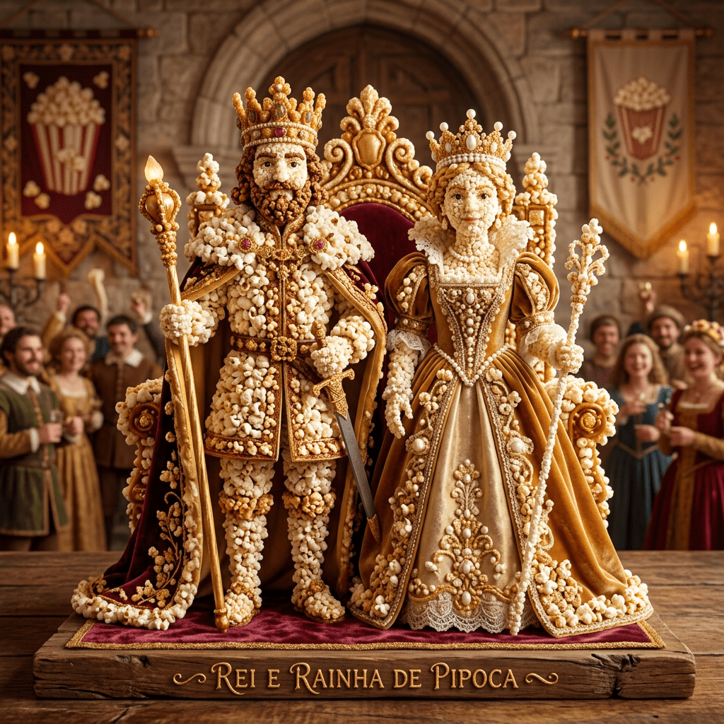 King and queen sculptures made from popcorn and decorated garments on a wooden base
