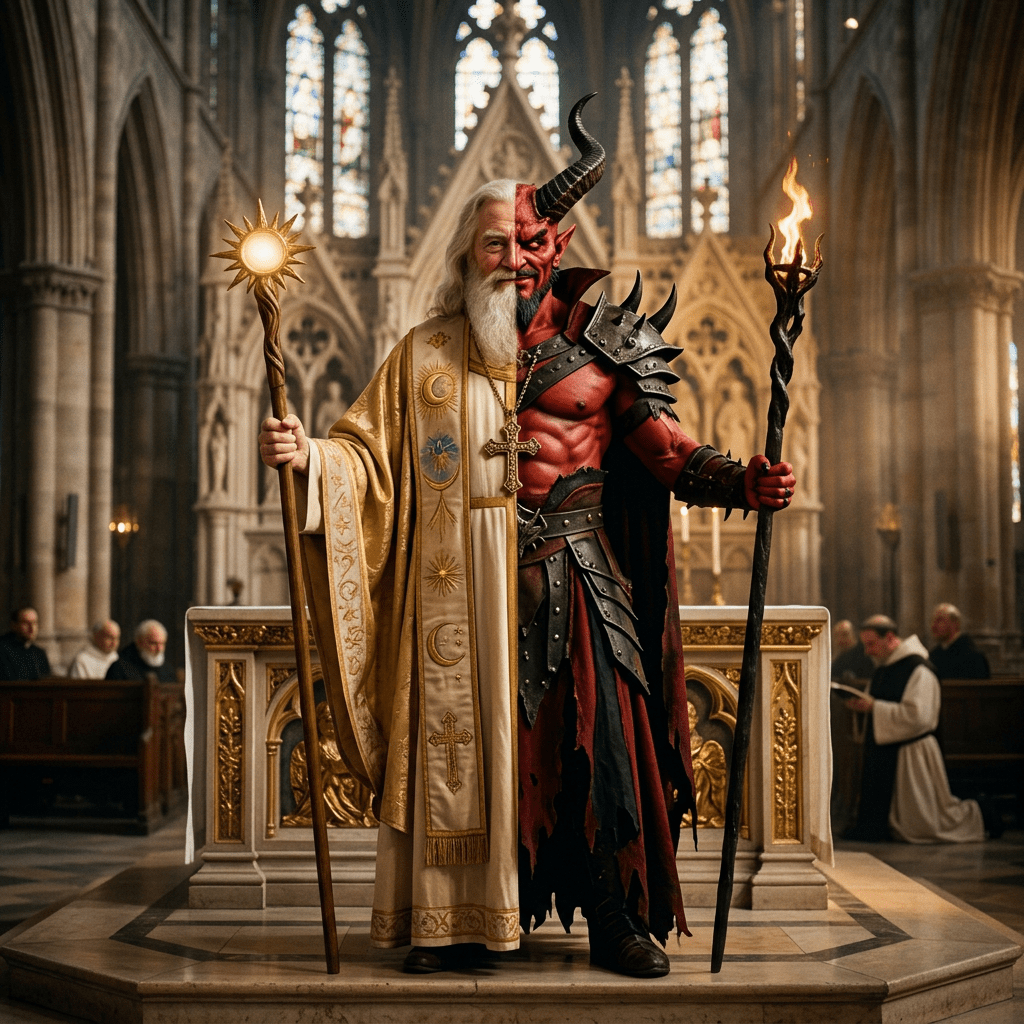 Half priest in golden robes holding sun staff, half red demon with horns and fire staff in cathedral.