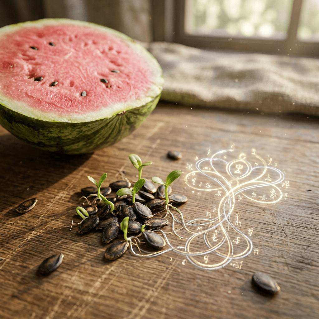 Watermelon seeds with young green sprouts and glowing magical symbols on wooden surface
