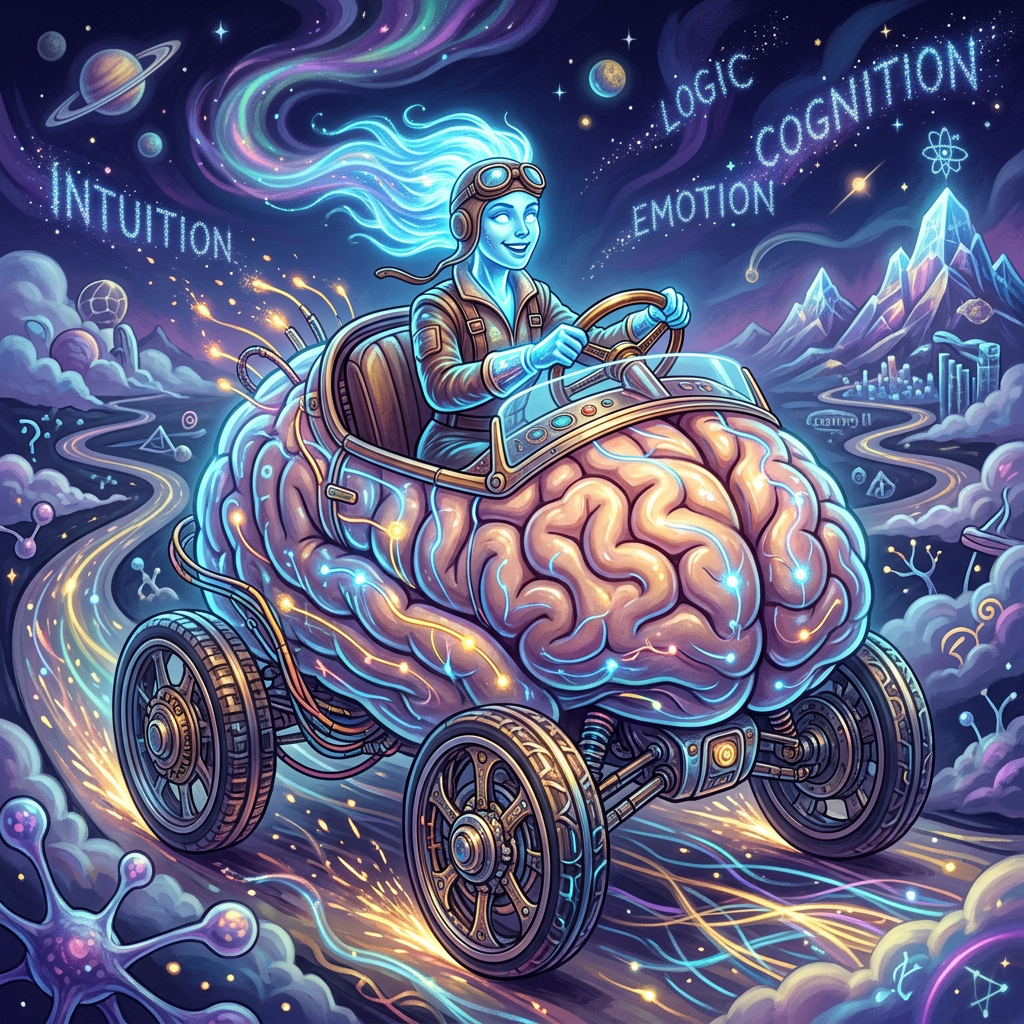 Blue humanoid figure driving a car shaped like a glowing brain under a starry sky with words intuition, logic, emotion, cognition