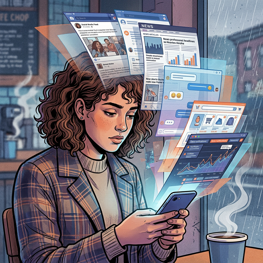 Woman holding smartphone with multiple overlapping digital notifications and apps floating around her