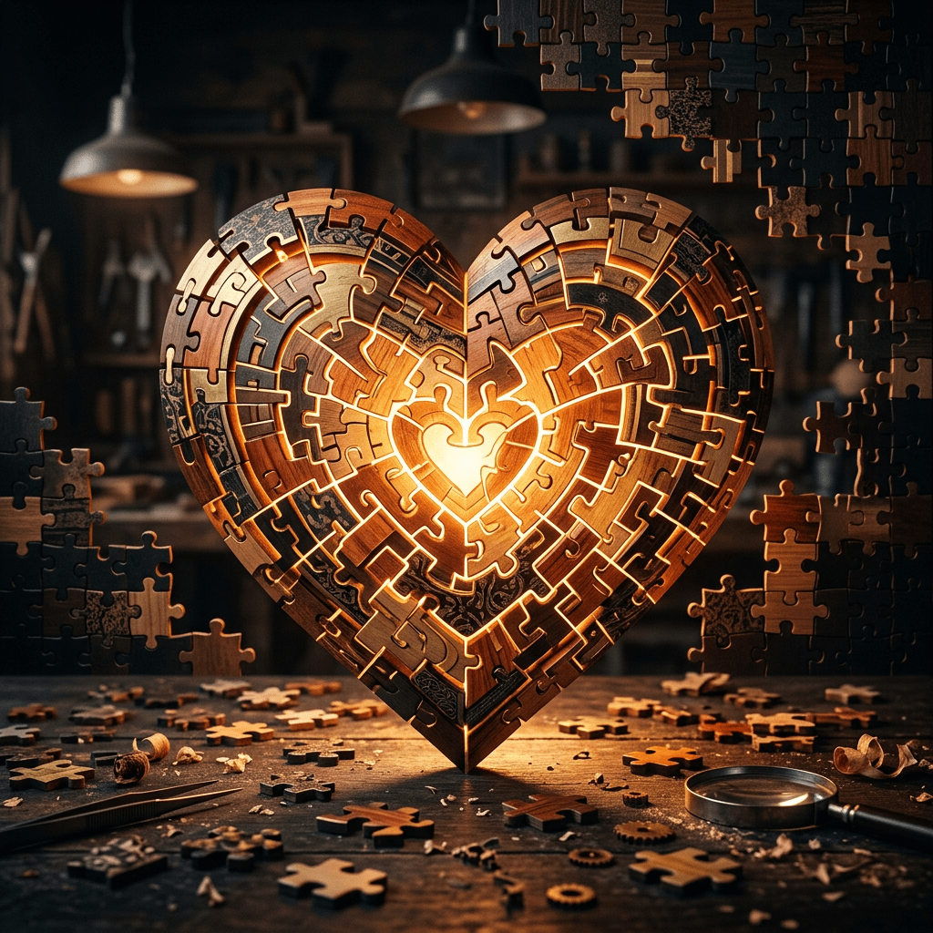 Heart-shaped wooden puzzle glowing from inside on a table with scattered pieces