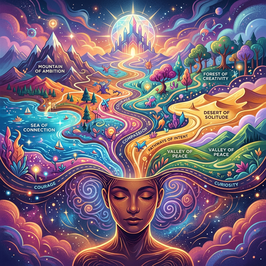 Illustration of a serene face with a colorful landscape representing ambition, connection, creativity, solitude, peace, and curiosity flowing from the head