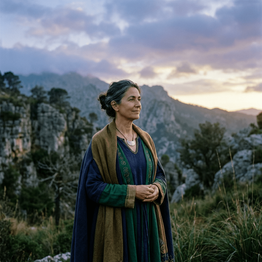 Woman in traditional clothing standing outdoors with mountains and trees in background at sunset