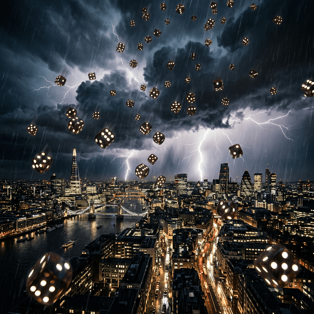 London cityscape at night with raining dice and lightning storm