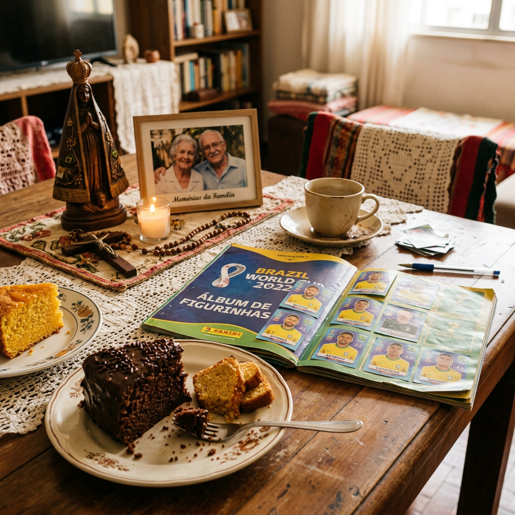 Open Brazil World Cup 2022 sticker album on a wooden table with coffee, cakes, and family photo