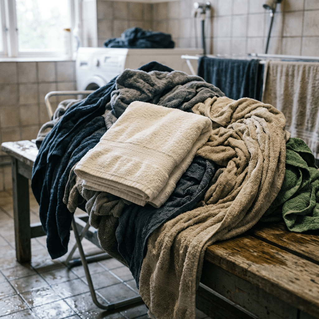 Pile of wet towels on wooden bench in laundry room with washing machine and drying racks