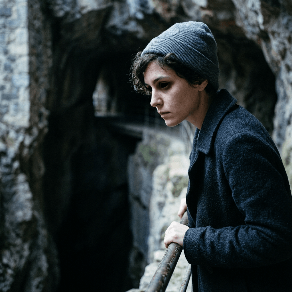 Person in gray beanie and dark coat leaning on railing near rocky cliff