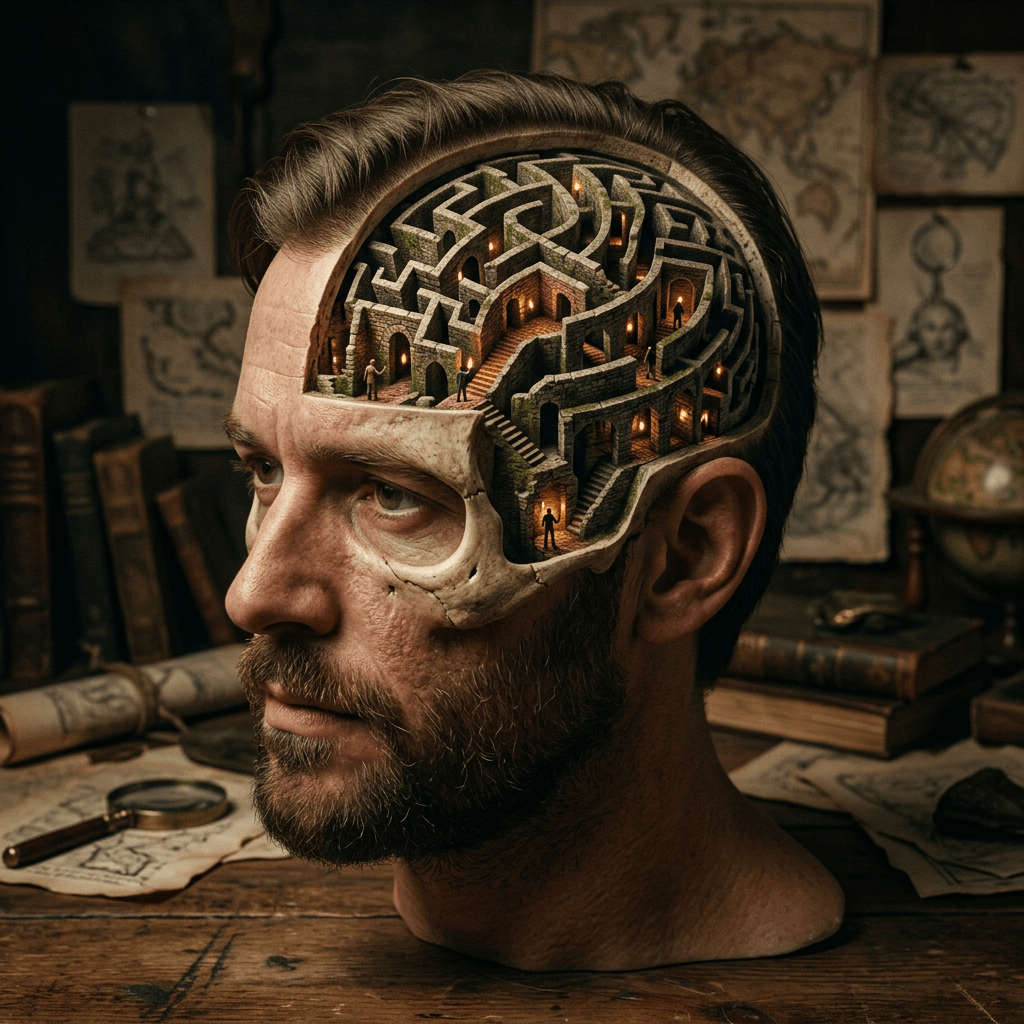 Man's head with an open side revealing an illuminated maze inside