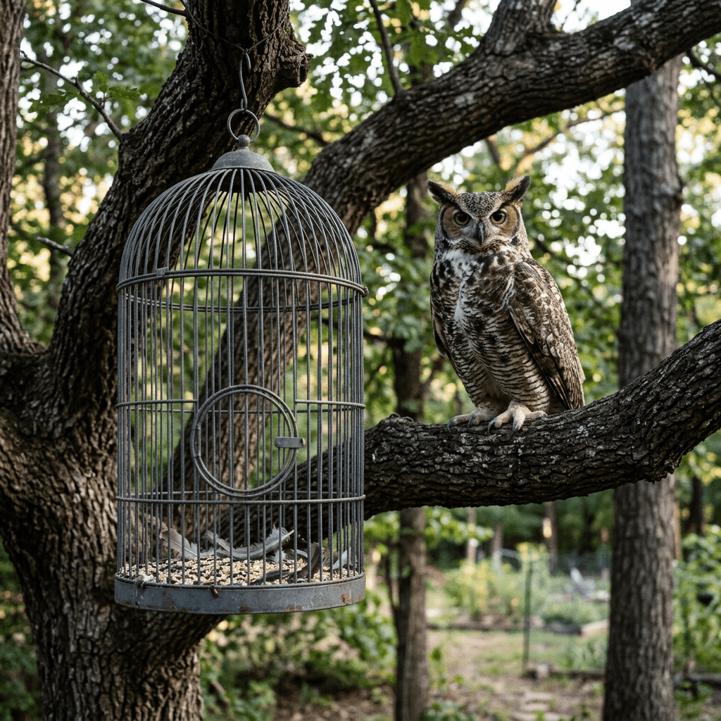 Owl perched on tree branch next to empty metal birdcage hanging from tree