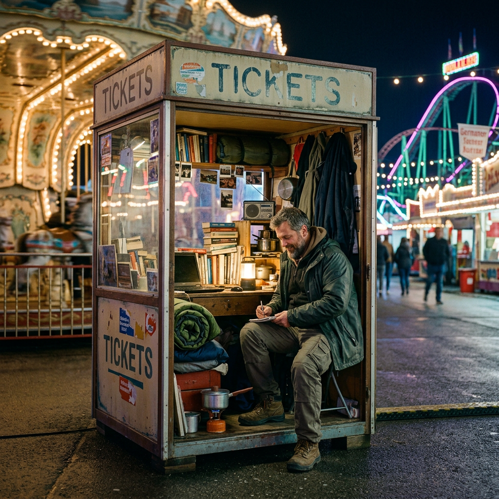 Man sitting inside a ticket booth writing with books and camping gear around him at a night amusement park.