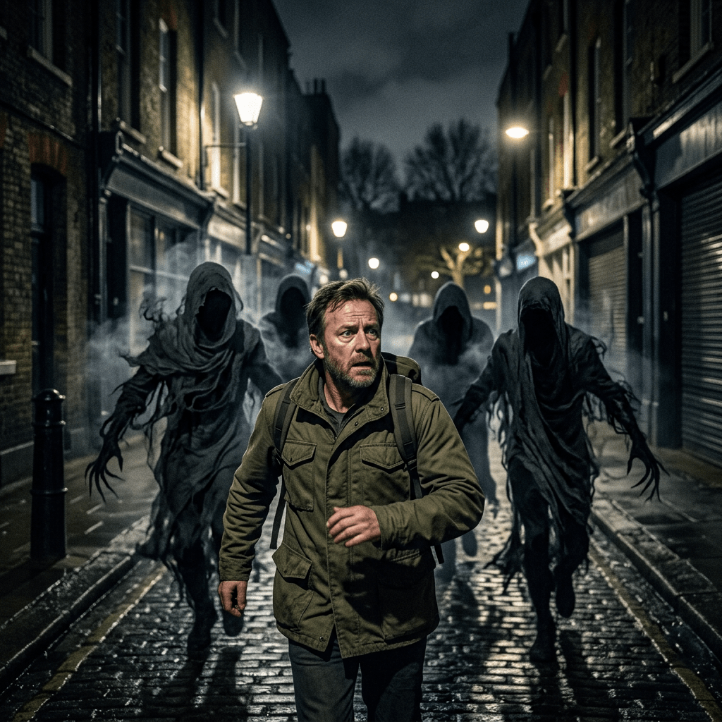 Man running on cobblestone street at night chased by four shadowy hooded figures emitting mist