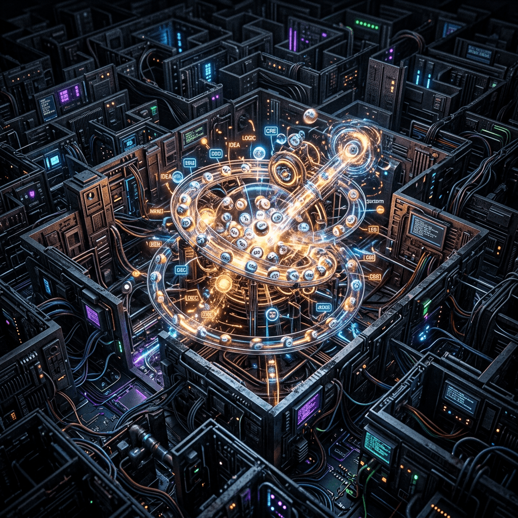 3D model of quantum computing with glowing particles inside a server network