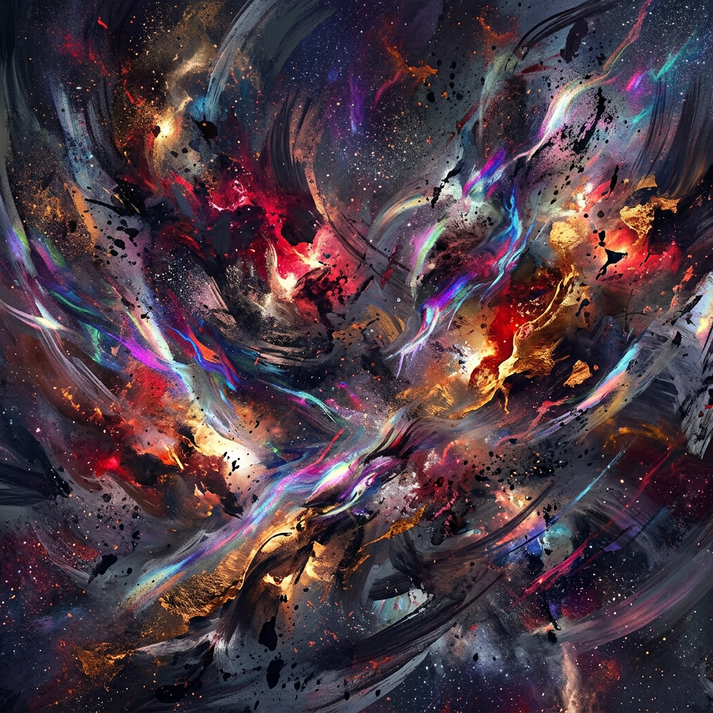 Abstract cosmic nebula with swirling multicolored clouds and gold highlights