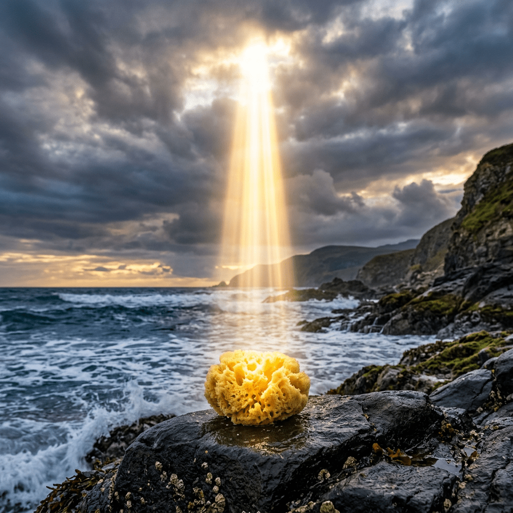 Natural sea sponge lit by sunbeam on rocky coastal shore