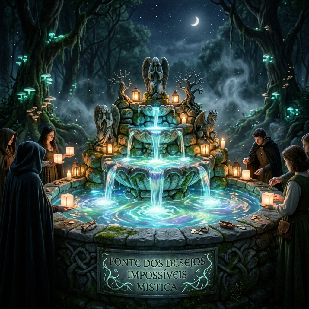 Hooded figures holding lanterns and candles around a glowing stone fountain with statues in a mystical forest at night