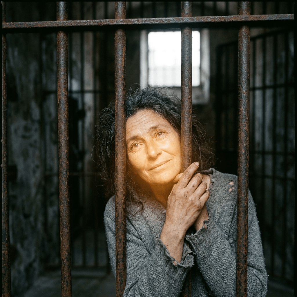 Elderly woman with gray hair behind rusty prison bars in dim cell