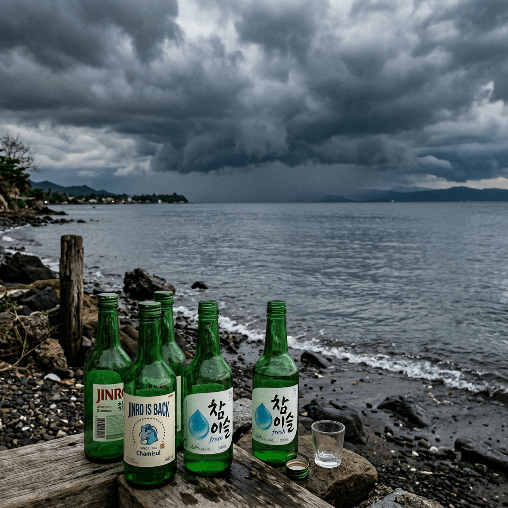 Empty green soju bottles and a shot glass on a wooden table by a rocky shoreline with dark clouds overhead