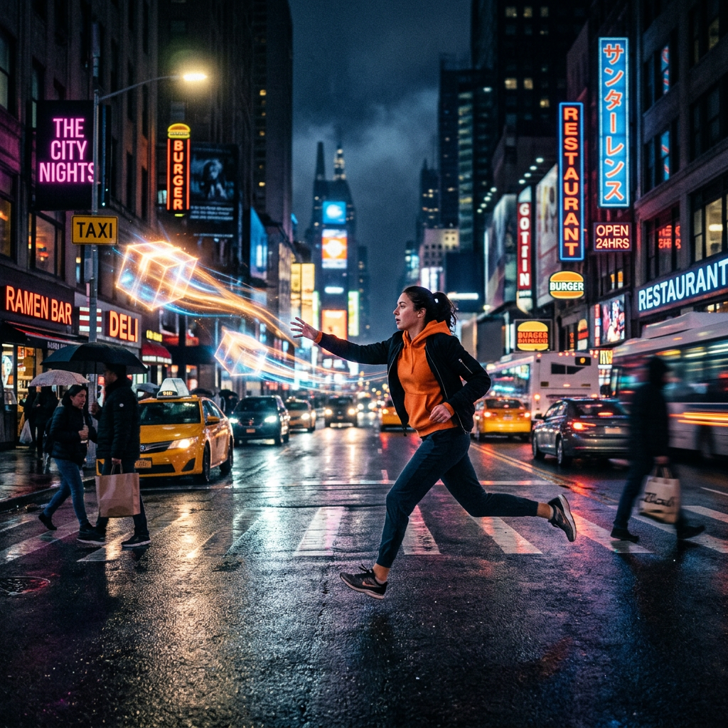 Woman jumping across street in a city at night with glowing cubes trailing her hand