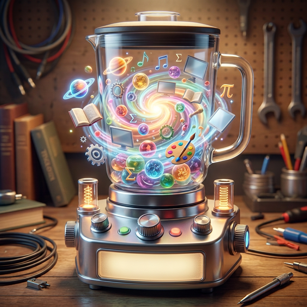 Blender labeled "LIQUIDIFICADOR DE ASSUNTOS" with floating books, planets, music notes, art palette, and labels "HISTÓRIA," "TECNOLOGIA," "ARTES," and "FILOSOFIA."