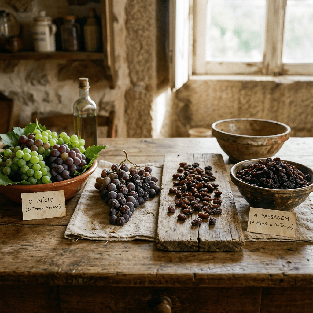 Grapes, raisins, and oil arranged with labels “O INÍCIO” and “A PASSAGEM”