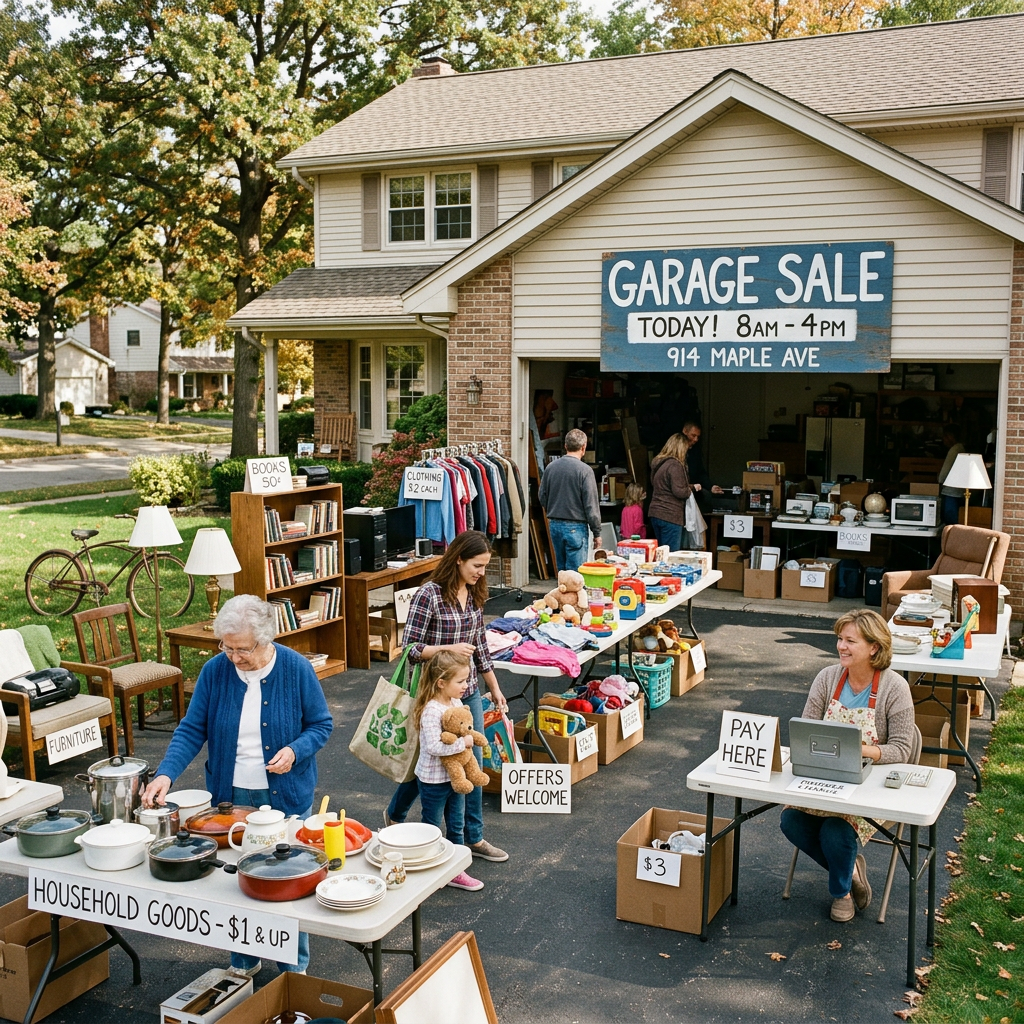 Neighborhood garage sale with shoppers, tables of goods, and a garage sale sign